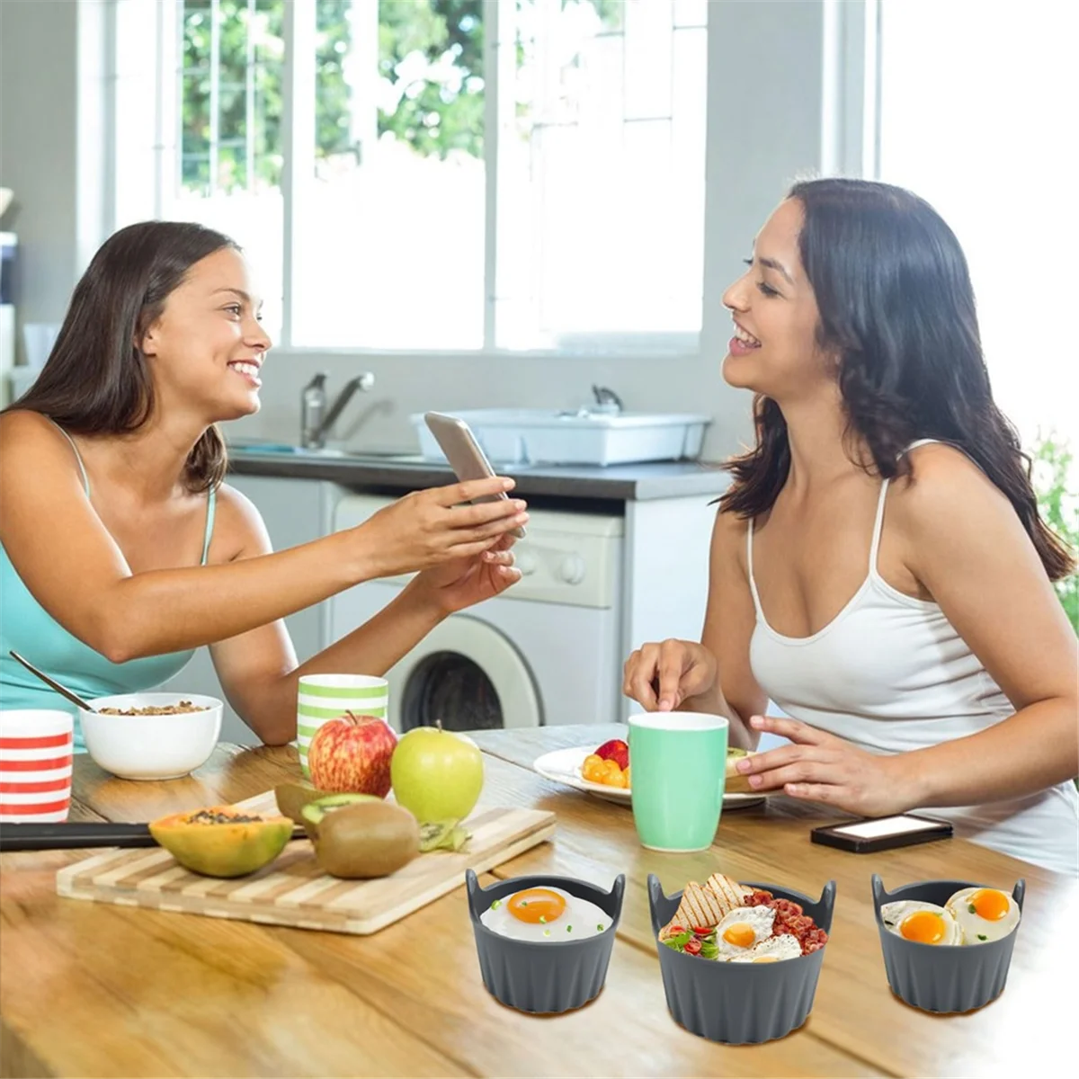 A20M 6 قطعة سيليكون الهواء المقلاة قالب البيض قابلة لإعادة الاستخدام غير لاصقة سيليكون البيض دغة قالب الكعك بطانة أكواب البيض المسلوق للميكروويف