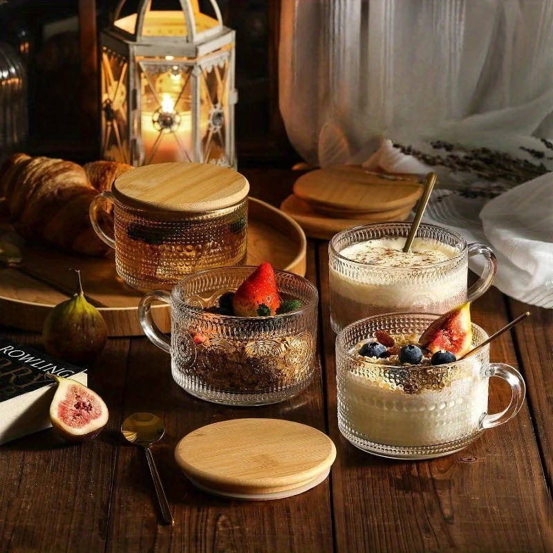 Vintage Coffee Mugs gifts for women, Overnight Oats Containers with Bamboo Lids and Spoons - 16.91oz Clear Embossed Glass Cups,
