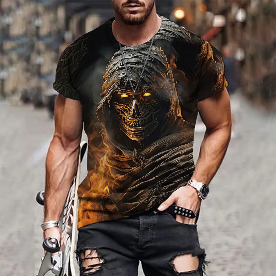 Мужская футболка с коротким рукавом в готическом стиле ужасов на Хэллоуин, 3D винтажная крутая футболка с рисунком черепа и круглым вырезом, удобные футболки в стиле хип-хоп для улицы