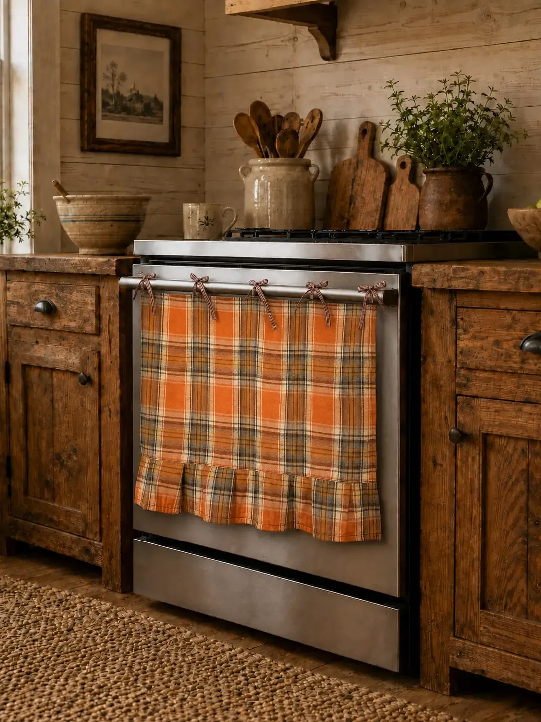 1Pc Autumn Plaid Oven Door Curtain, Farmhouse Rustic Warm Orange Brown Check Cloth, Bowknot Header Ruffle Edge Short Oven Cover
