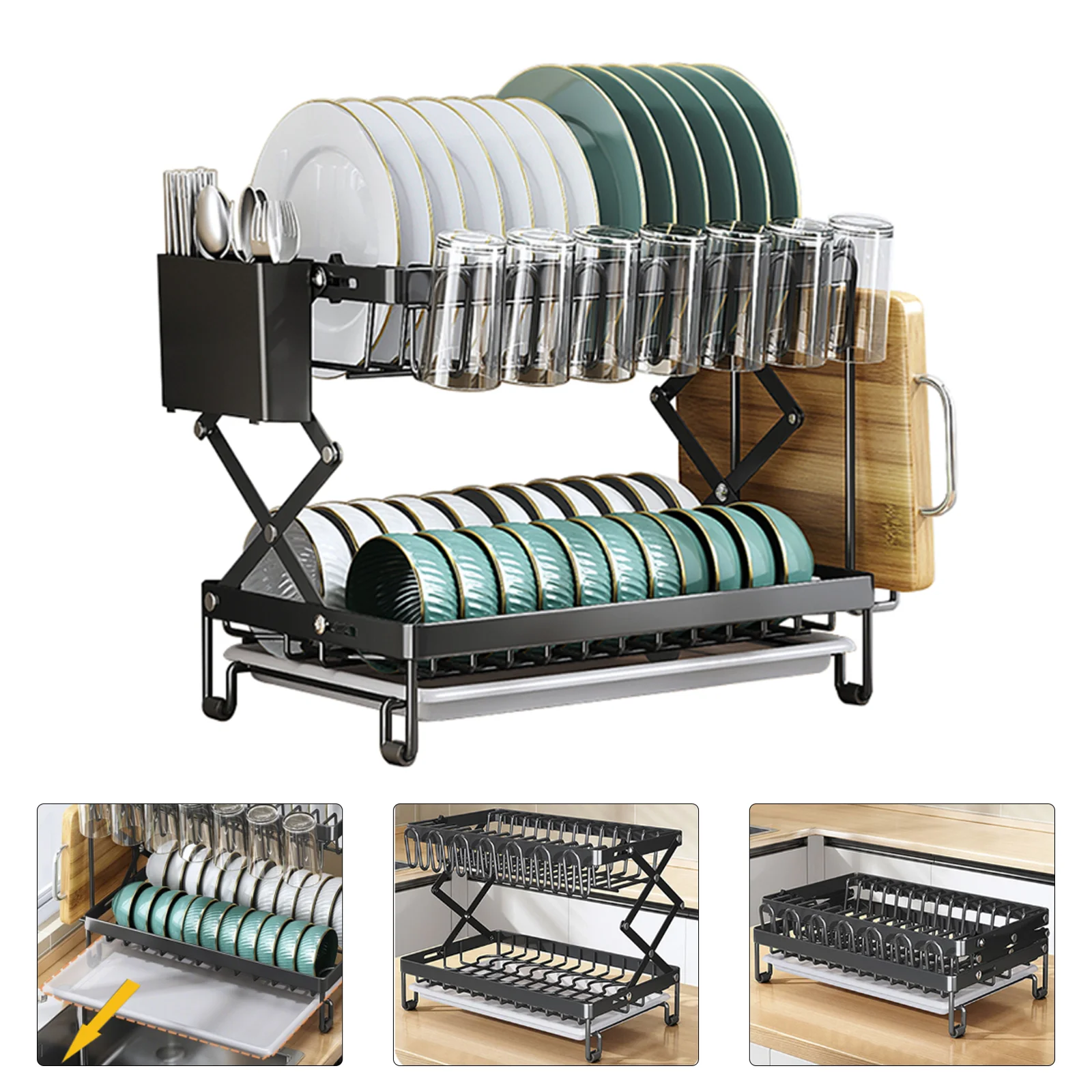 Égouttoir à vaisselle pliable à 2 niveaux, extensible, en métal, avec égouttoir amovible et support pour ustensiles et planches à découper
