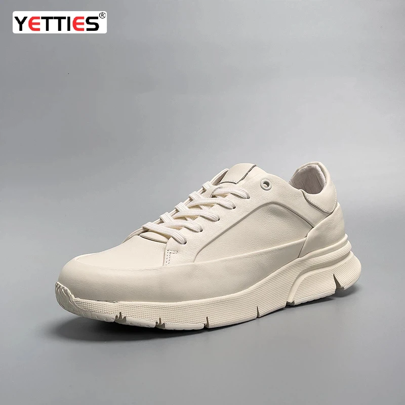 YETTIES Men's White Leather Platform Casual Sneakers | Handmade Guangzhou Height-Increasing Outdoor Sports Board Shoes