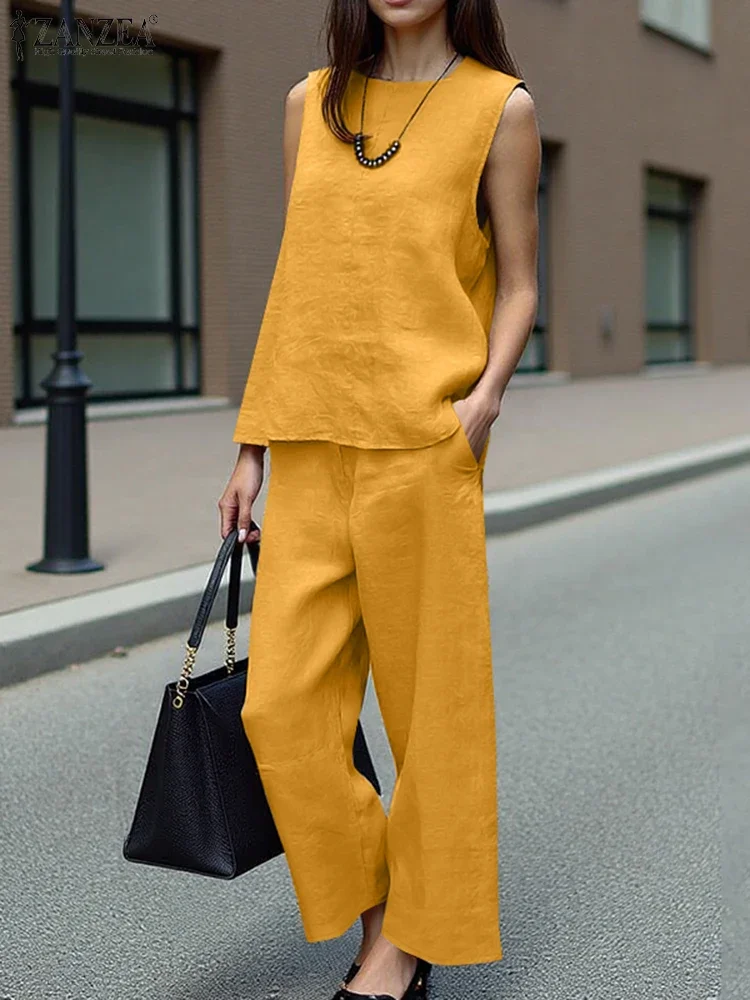 ผู้หญิงชุดจับคู่ ZANZEA แฟชั่นแขนกุดชุดลําลองหลวมกางเกงขากว้างชุด 2025 ฤดูร้อนสํานักงาน 2PCS