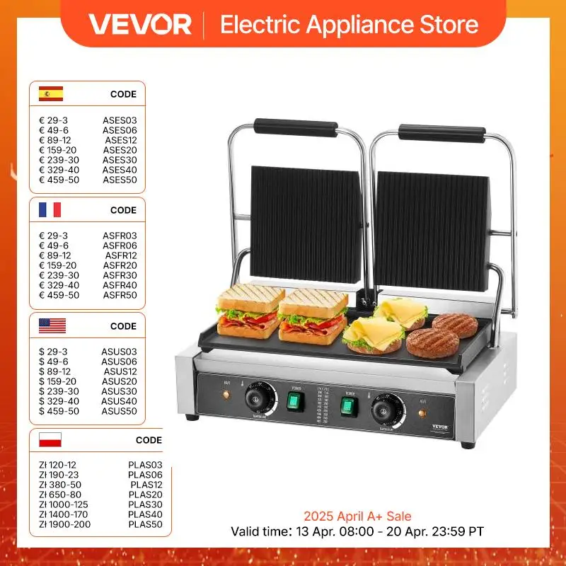 Vevor Panini ย่างไฟฟ้า3600W, เครื่องทำแซนวิชพานินีพร้อมการควบคุมอุณหภูมิและ19 "x 9" สำหรับแฮมเบอร์เกอร์สเต็กเบคอน110V