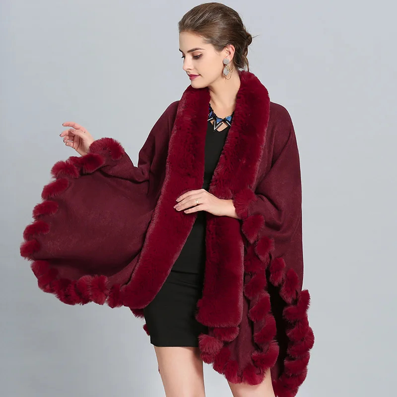 

Women Winter Faux Rabbit Fur Big Long Collar Loose Poncho Capes Cardigan Cloak Warm Shawl Coat