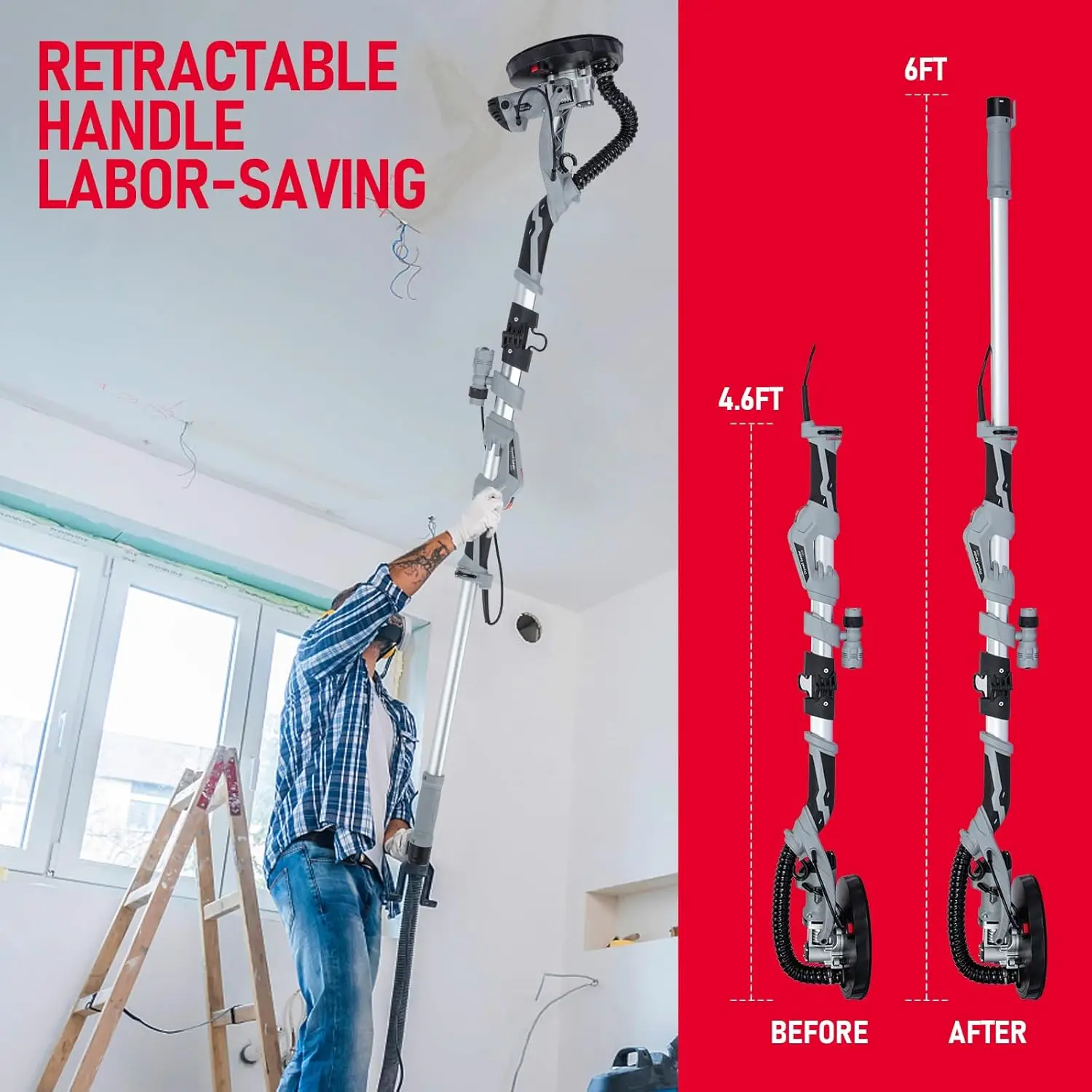 710W Drywall Sander Variable Speed 800-1800RPM With LED Light Extendable Foldable Handle 6 Sanding Discs & Dust Hose