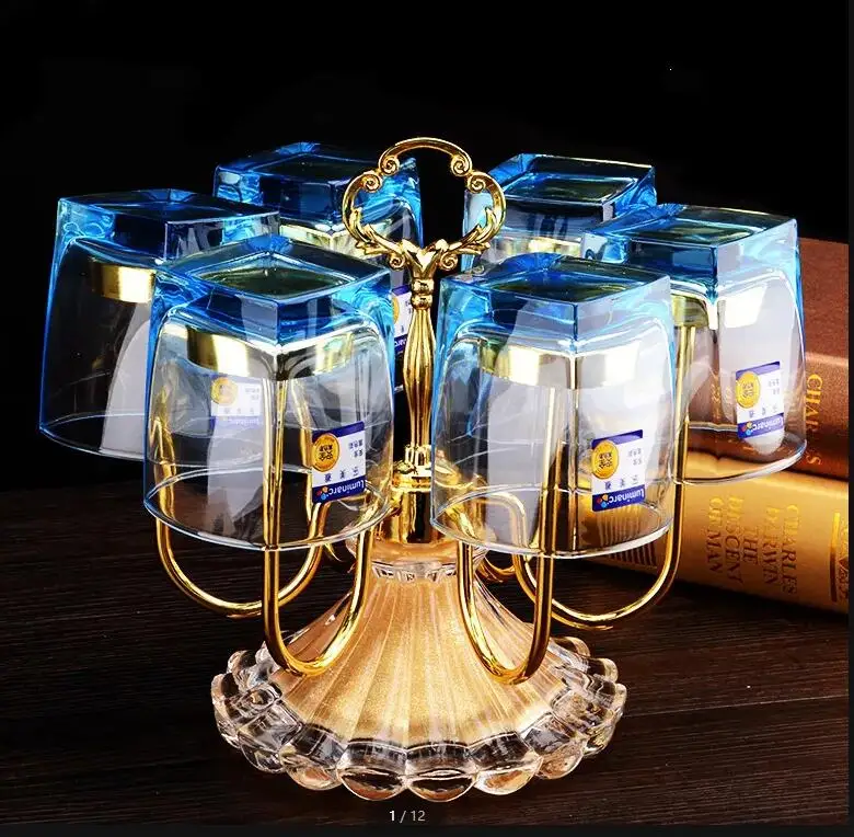 Rotatable Cup Holder Metal Drain Rack Glass 6 Piece Set Upside Down Acrylic Tray Water Teacup
