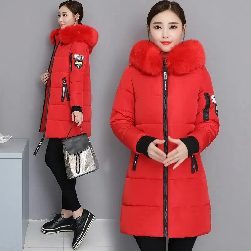 2025 Winter New Korean Cotton Jacket Women's Medium Long Big fur collar Coat Female Cotton Thicken Warm Hooded Parker Overcoat - Image 4