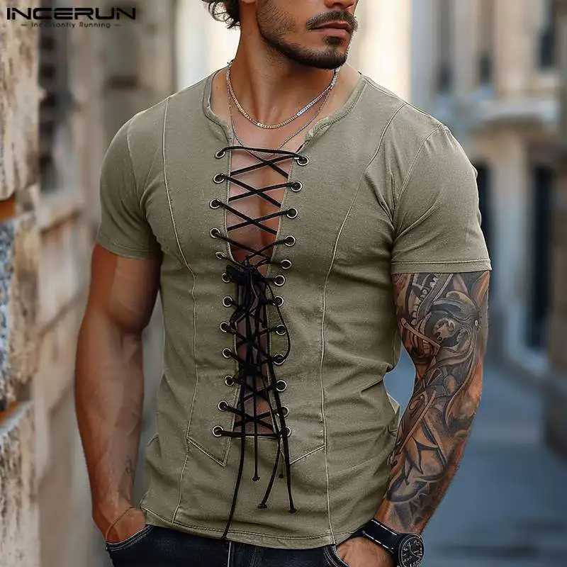 INCERUN Men T Shirt Patchwork V Neck Short Sleeve Lace Up Casual Men Clothing Streetwear 2024 Hollow Out Fashion Camisetas S-5XL