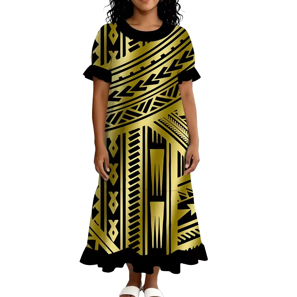 New Custom Island Women Mumu Maxi Dress Polynesian Tribal Pattern Navy Red Ruffle Hem Short Sleeve Loose Plus Size Long Dress