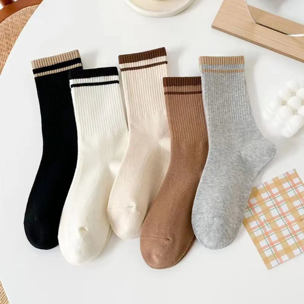 

10Pairs Korean Style Patchwork Stripe Socks Simple Non-Slip Mid-calf Socks Hosiery Breathable Women Tube Socks Spring Autumn