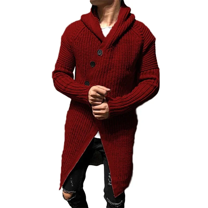 

Men Sweater Coat Spring Autumn Solid Loose Cardigan Knitted Coat Men Casual Long Sleeve Single Breasted Split Hooded Sweater