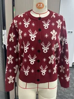 Women's Burgundy Red Printed Knitted Cardigan with Christmas Reindeer Gingerbread Man Snowflake Pattern, Round-Neck Long-Sleeved Festive Sweater Cardigan 3
