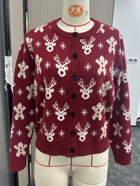 Women's Burgundy Red Printed Knitted Cardigan with Christmas Reindeer Gingerbread Man Snowflake Pattern, Round-Neck Long-Sleeved Festive Sweater Cardigan 3 Women's Burgundy Red Printed Knitted Cardigan with Christmas Reindeer Gingerbread Man Snowflake Pattern, Round-Neck Long-Sleeved Festive Sweater Cardigan 3