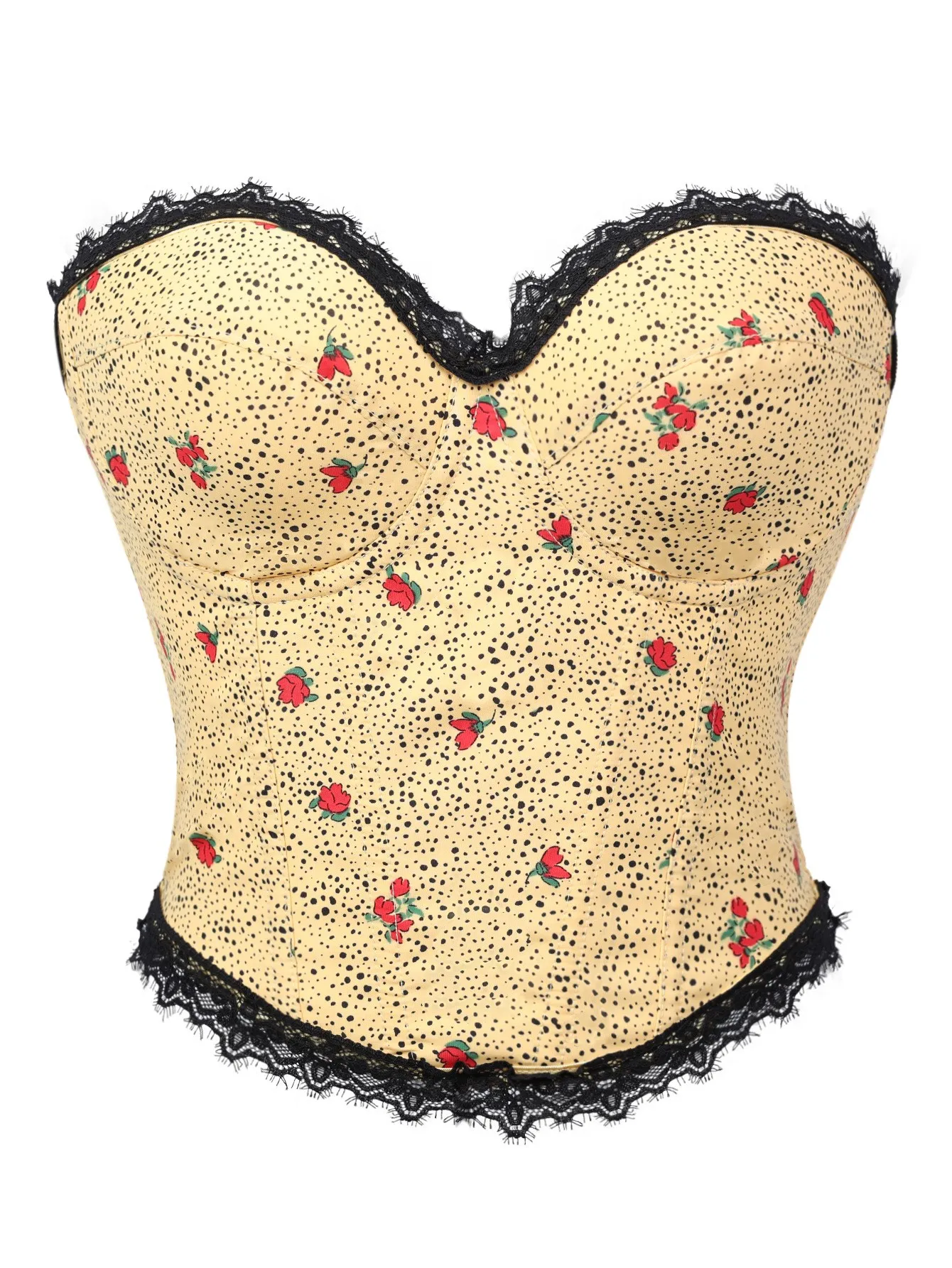 Damen Vintage Korsett mit Blumenmuster und Punkten, trägerlos, Sweetheart-Ausschnitt, Spitzenbesatz, Schnürung am Rücken, Bustier-Top