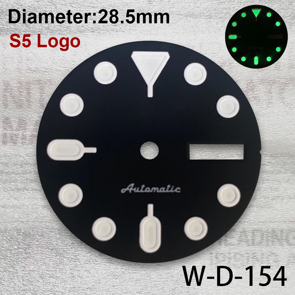 28.5mm S 5 Logo SKX007 Dial Fit NH36/4R36 Movement Green Luminous Black Matte Dual Calendar Dial Watch Modification Accessories