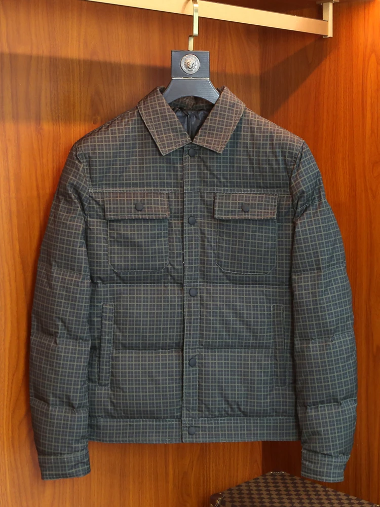 

Men's Casual Quilted Jaet Winter Faion Brand White Du down Puffer Coat Small Plaid Stand Collar Top Outerwear