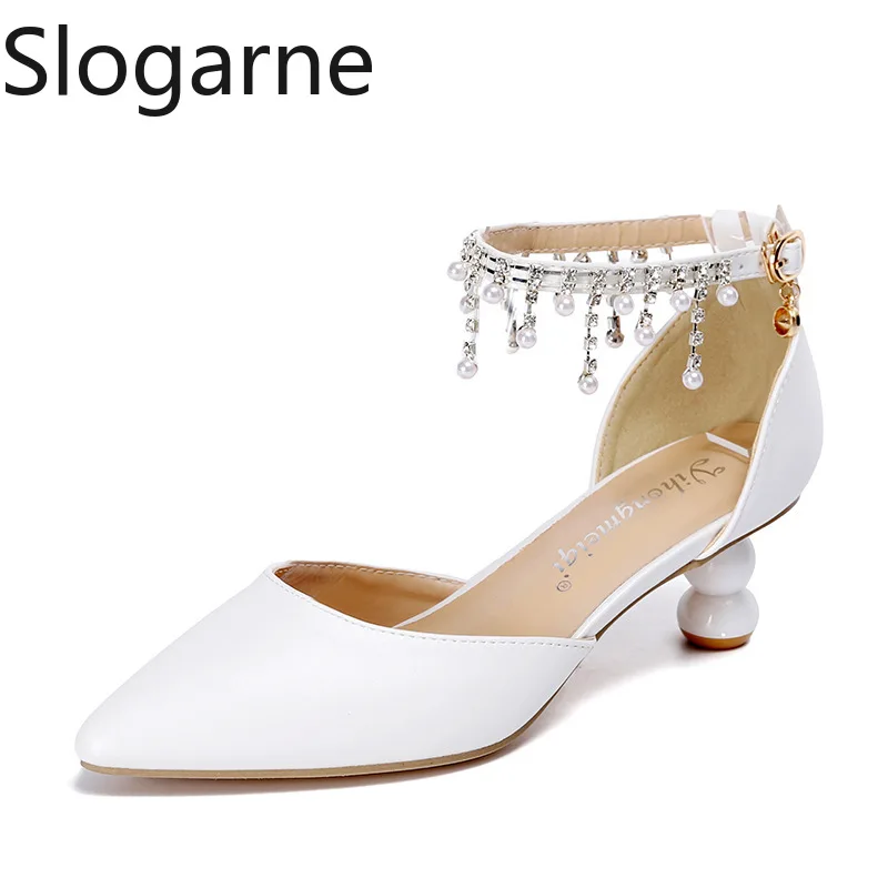 

Women White Wedding Dress Shoes Ladies 5CM Heels String Bead Sandals Fashion Pearl Pumps Bridal Shoes Diamond Modern Party Shoes