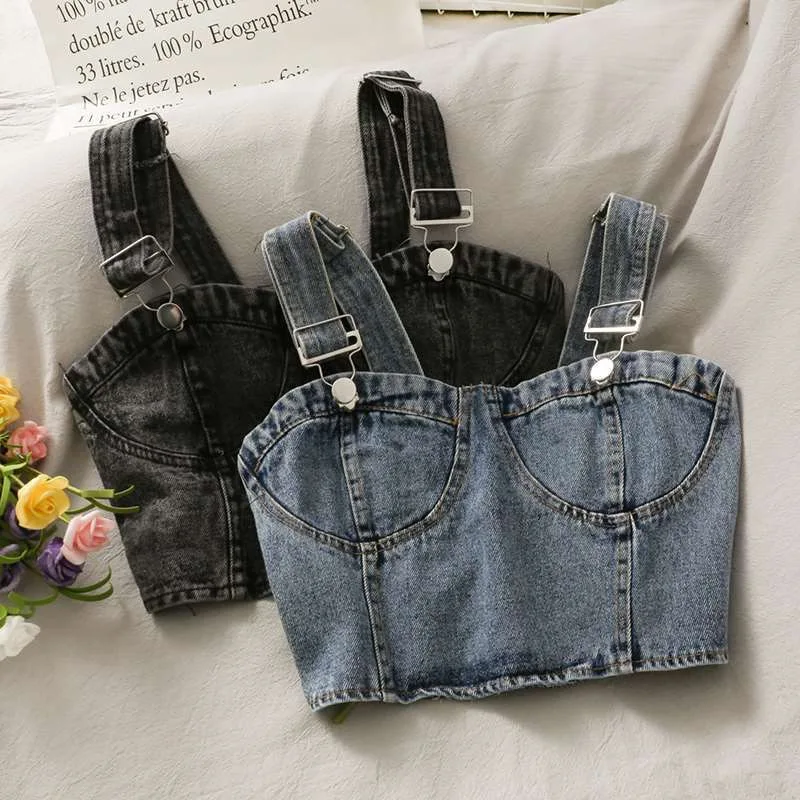 Teen Girls Vintage Washed Denim Bustier Crop Top Adjustable Buckle Suspender Tube Camisole Y2K Summer Sleeveless Jean Vest