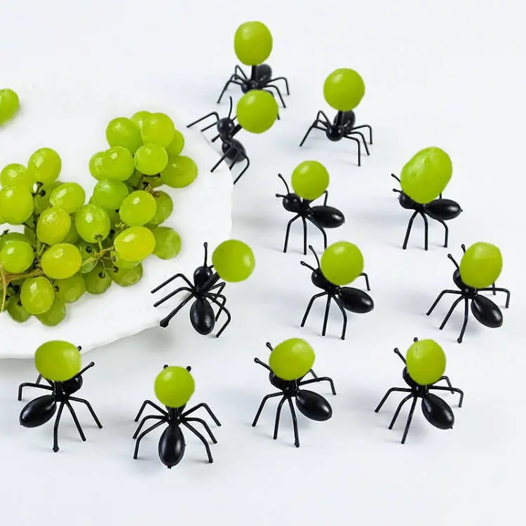 12pcs Simulated Ants Fruit Forks Toothpicks Fake Ant Cake Topper Halloween Party Horror Dessert Decor Accessories Joke Prank Toy