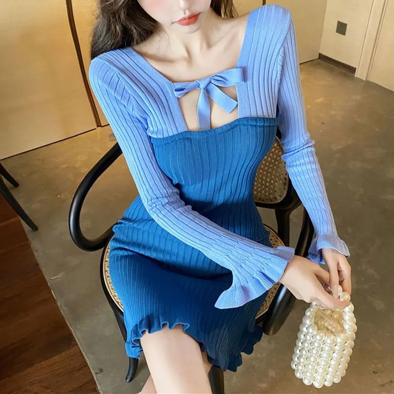 

Contrasting Colors Knitted Dresses Women's Clothing Fashion Bandage Bow Spring Autumn Patchwork Elegant Slim Bag Hip Mini Dress