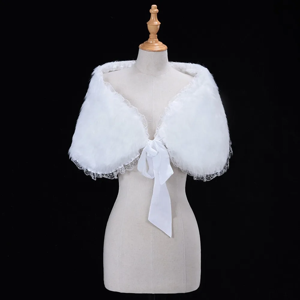 White Ivory Women Bridal Wrap Bolero Faux Fur Lace Crystal Autumn Winter Dress Shawl Jacket Cape Stole Cloak Wedding Accessories image 3