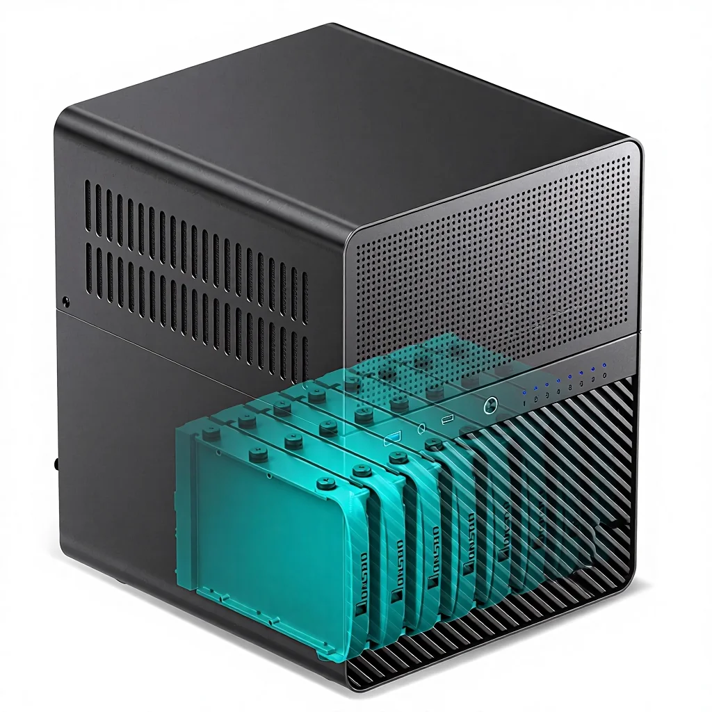 Home NAS Storage Case Mini‑ITX Form Factor Acrylic Side Panel 8+1 Drive Slots Internal 10cm Fans SFX PSU Compatible
