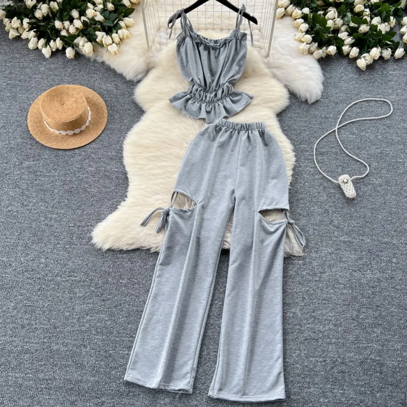 Summer Women Fashion Elegant Party Casual Pantsuit Sleeveless Vintage Tops and Pants Outfits Female Clothes Sexy Two Pieces Set