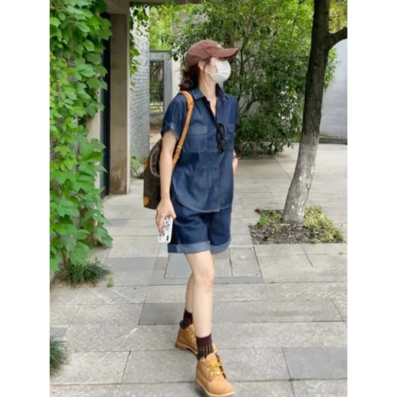 

Women's Hong Kong Style Retro Casual Denim Suit Summer New Niche Loose and Thin Design Short-sleeved Shirt Shorts [Hot-selling ]