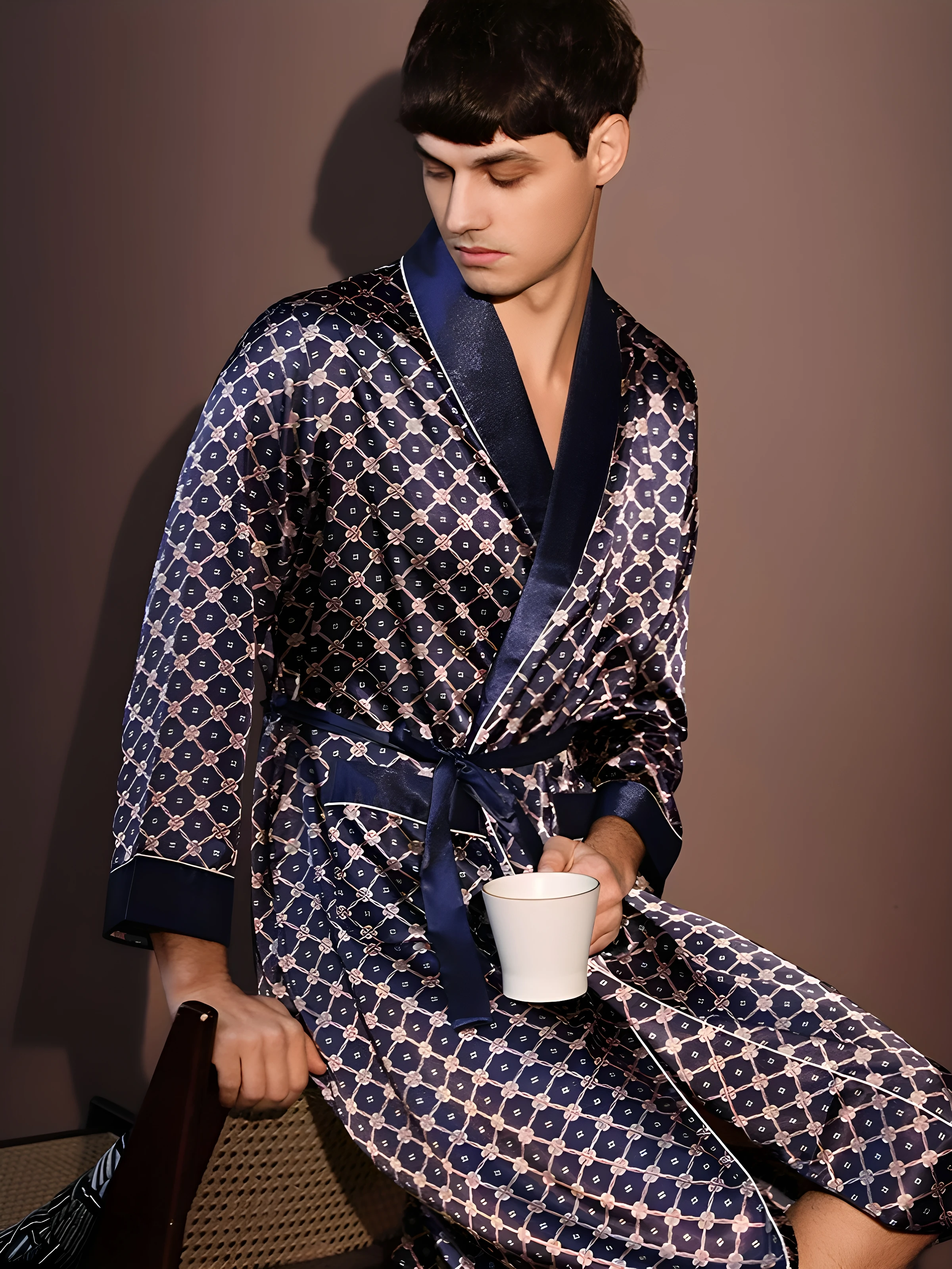 silk-feeling-long-sleeve-ice-silk-robe-men's-high-end-one-piece-sleepwear-home-clothes-polyester-fiber-knee-length