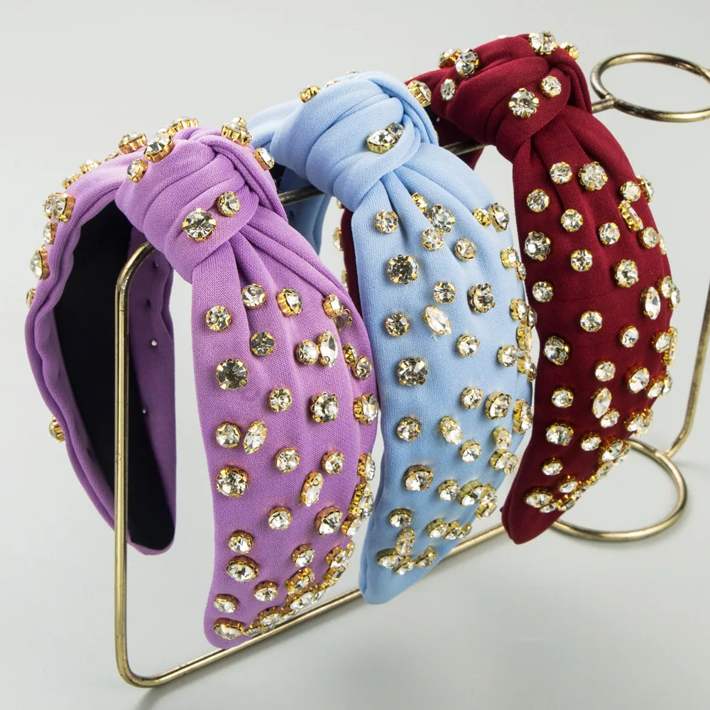 

Luxury Knotted Headbands Shiny Rhinestone Studded Hair Bands Colorful Fabric Wide Tiaras Trendy Evening Party Hairwear
