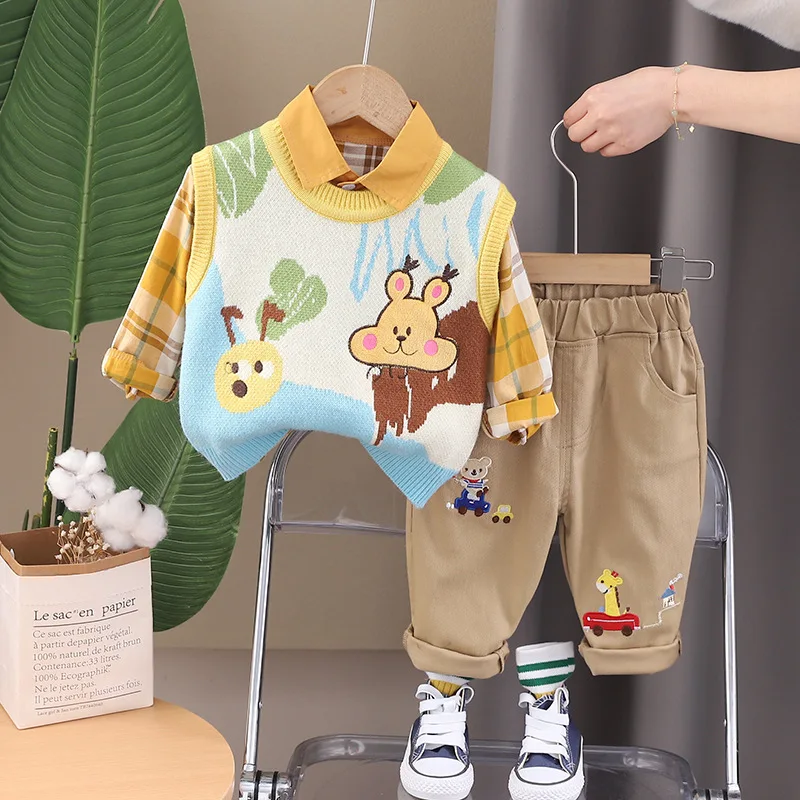 Boys Clothing Sets 2024 Spring Autumn Children Knitted Vest Shirts Pants 3pcs Suit For Baby Tracksuits Kids Outfits Toddler 4 5Y