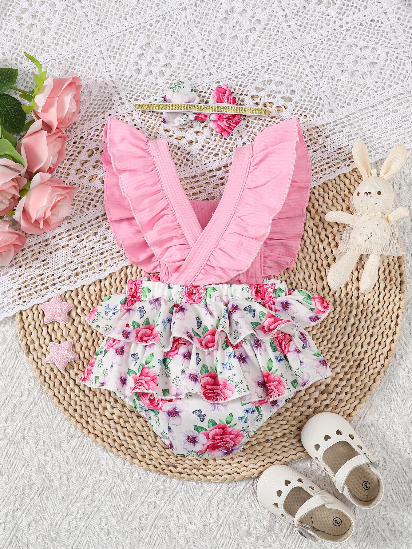 1-12M 2-Piece Baby Girls Fashion Halter Fly Sleeve Sleeveless Pit Bow Floral Pattern Jumpsuit And Headpiece