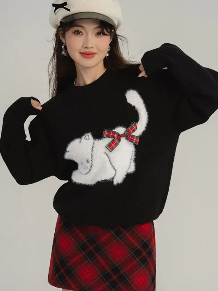 Deeptown Korean Fashion Y2k Kawaii Kitty Print Sweater Cashmere Knitted Streetwear Female Top Autumn Winter Christmas Clothes