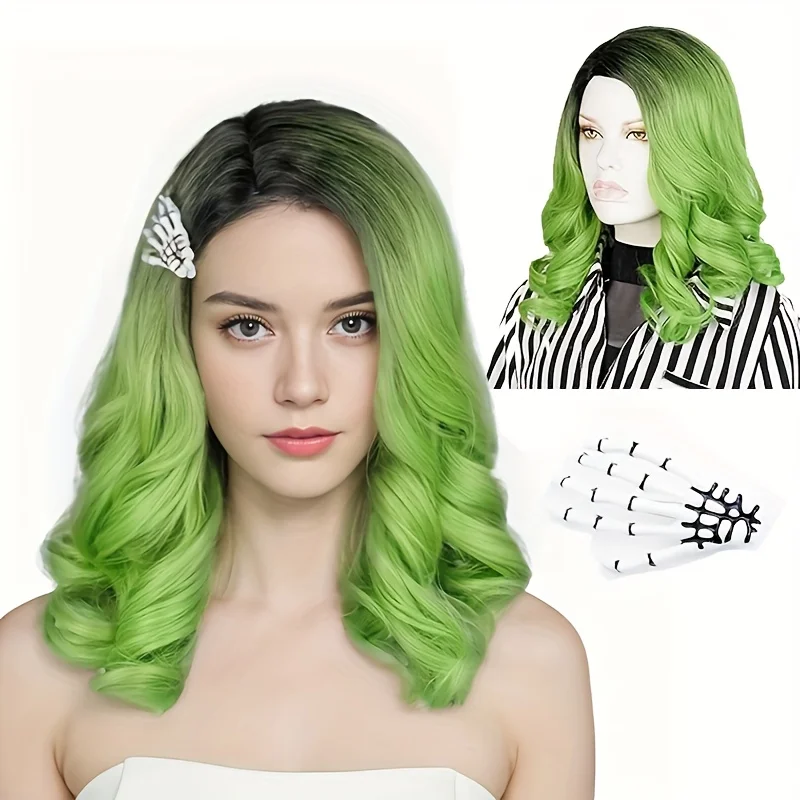 

Gothic Vampire Halloween Wig with Skull Clip, Neon Green to Dark Ombre Synthetic Fiber Cosplay Hair, Easy Maintenance