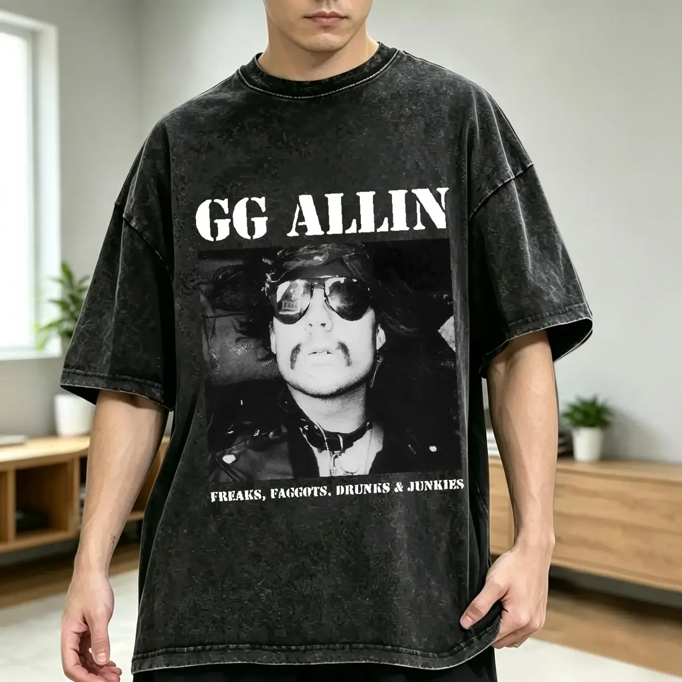 washed T Shirt GG Allin Freaks Drunks Faggots Junkies Black long or short sleeves vintage Washed homme Top For Everyday Wear