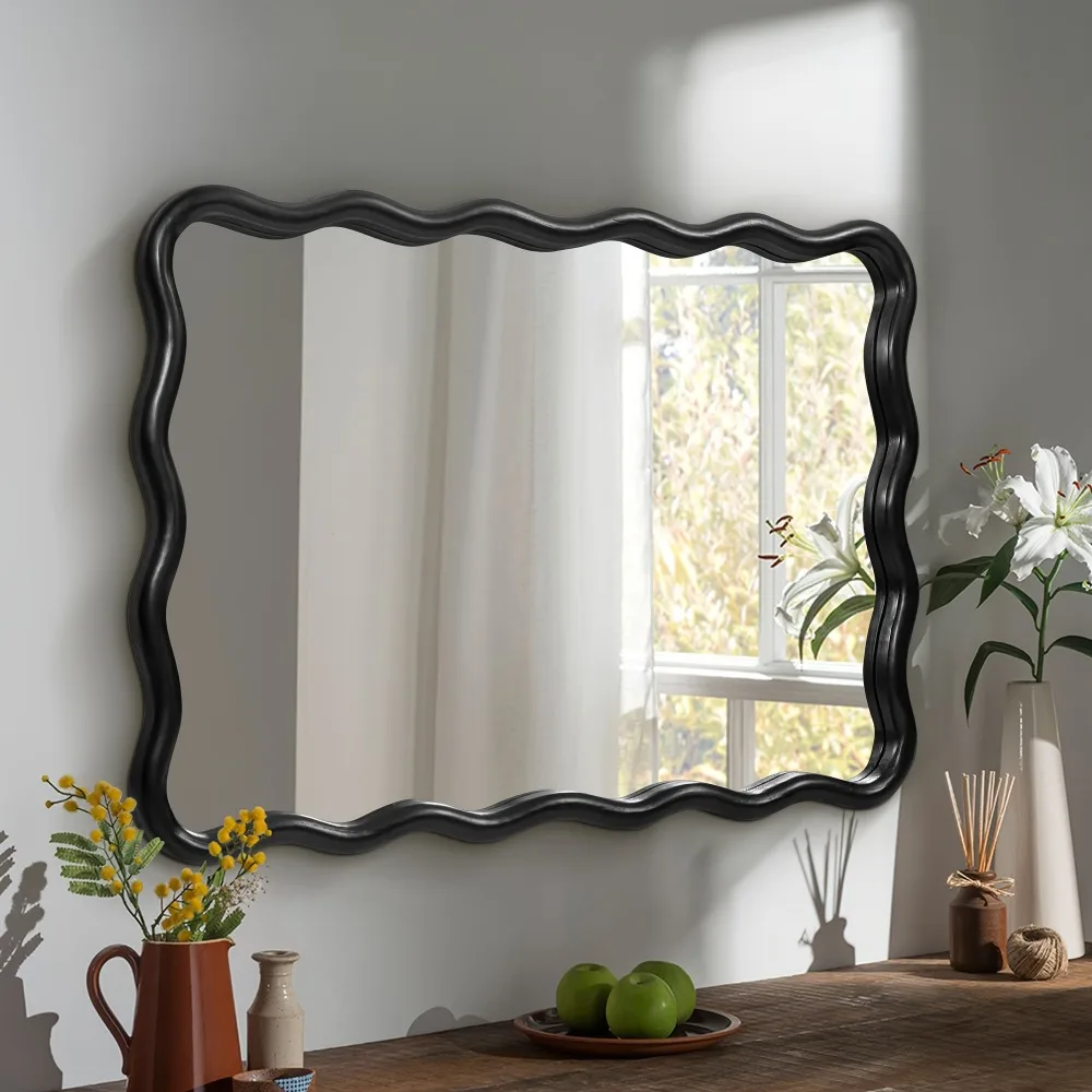

Wavy Mirror Black Solid Wood- Squiggly Mirror Vanity Mirror Wall Decor Modern Mirror Wall Decor for Bathroom, Bedroom