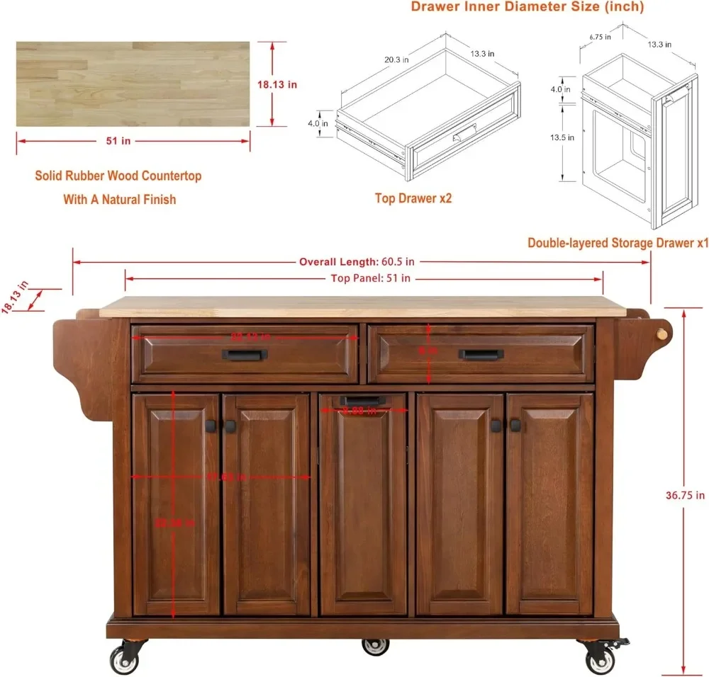 Rolling Kitchen Island Table on Wheels with Wood Top, Kitchen Island Cart with 4-Doors Storage Cabinet, 3-Drawers, Side Rack