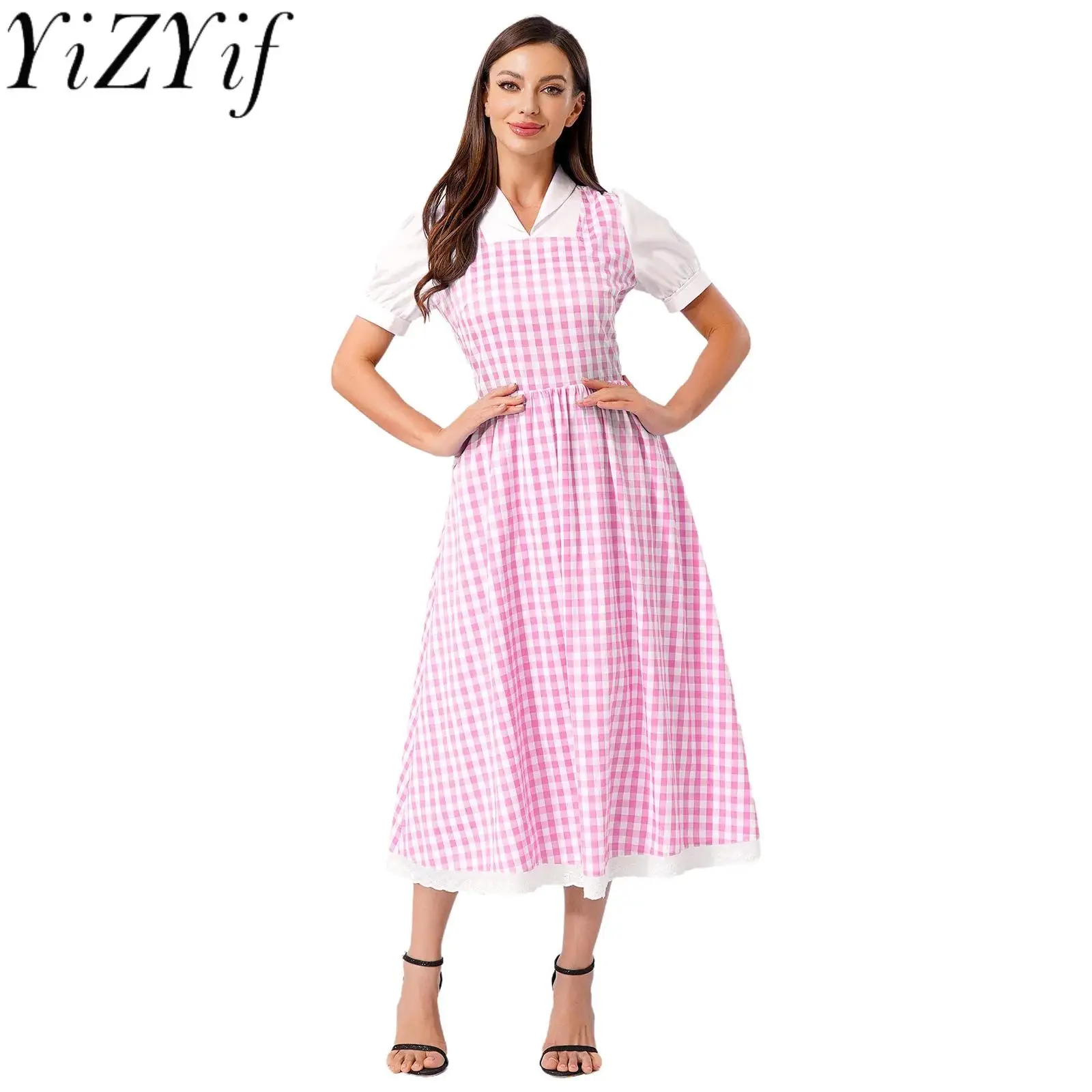 

Women Sweet Pink Plaid Dress-up Short Sleeve Lace Trim A-line Plaid Dress Preppy Style School Girl Students JK Plaid Dress