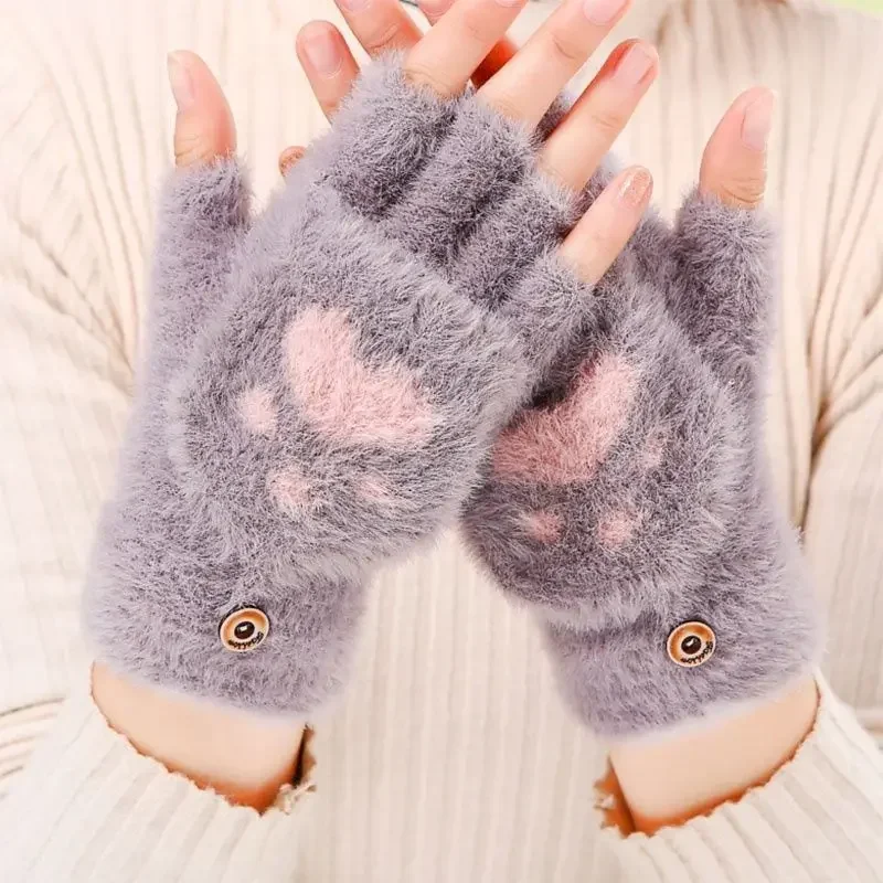 Cat Claw Paw Plush Mittens Thicken Women Warm Cat Gloves Cotton Girls Soft Plush Short Fingerless Half Finger Winter Gloves