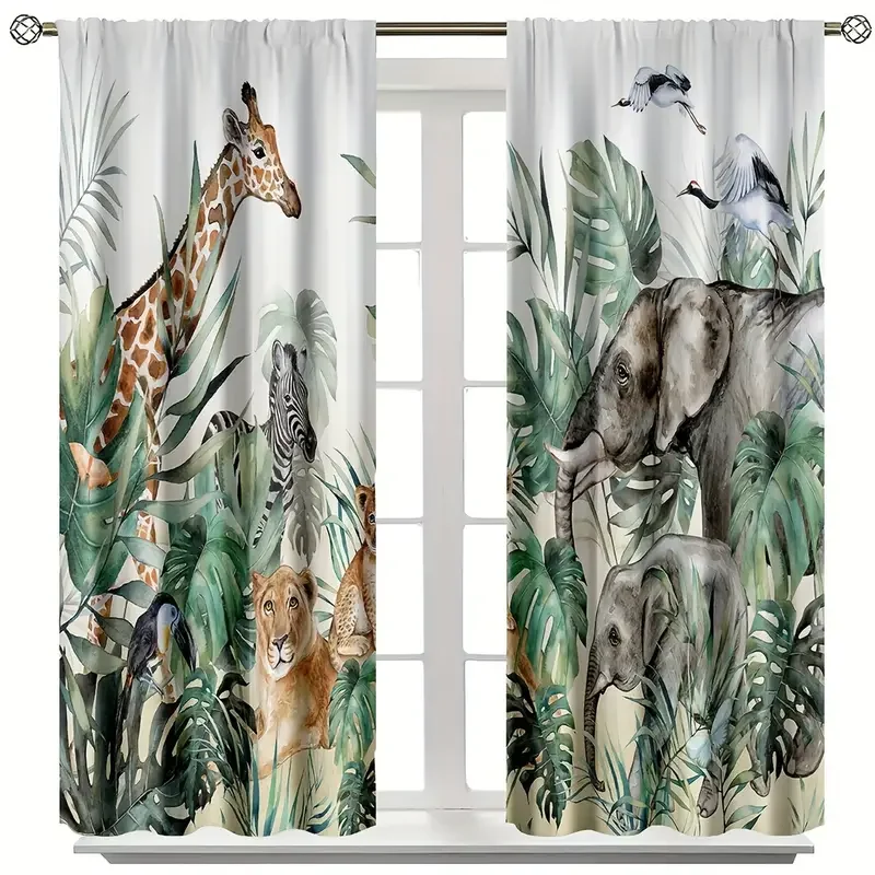 2pcs Cute Giraffe Curtains for Bedroom Living Room Kids Zoo Animal Curtains Cartoon Animal Drapes Decor Elephant Floral Leaf Gre