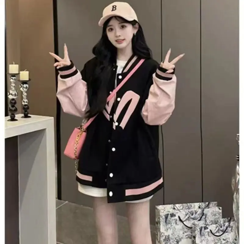 Black Baseball Jacket for Women in Spring and Autumn Versatile Design College Style Casual and Age Reducing Jacket Top