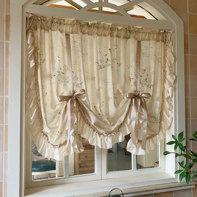 Vintage-Retro-Vorhang aus Leinenmischung – klassischer Roll-Up-Schatten im amerikanischen Stil mit Schnürung hinten, leicht filtierende kurze Vorhänge