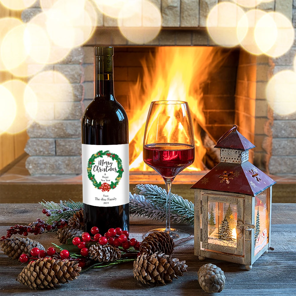 Customized Christmas wreath patterns Party wine bottle stickers, chocolate stickers, and commemorative gift decoration stickers