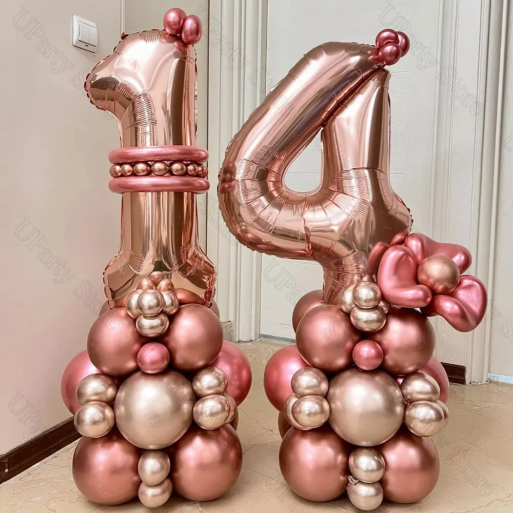 66Pcs Rose Gold Number Foil Balloons Arch Metal Red Champagne Gold Large Rose Gold Number Balloons for Birthday Party Decor