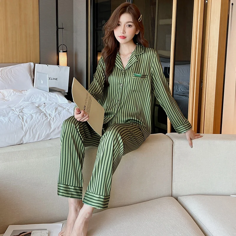 Lisacmvpnel Autumn 2022 Pajamas Women's Ice Silk Long Sleeve Stripe Printed Two Piece Thin Home Suit Pyjamas