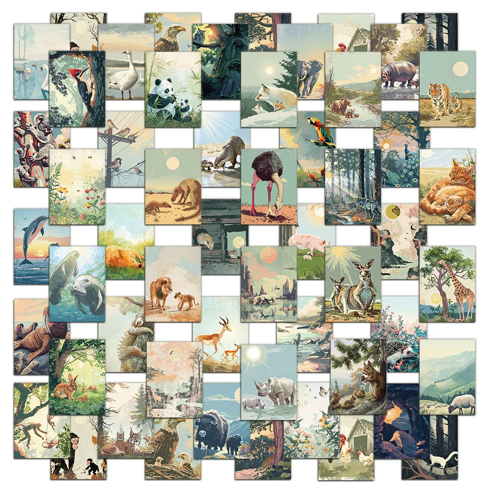 50PCS Animal World Hand drawn Healing Small Scene Stickers, Fresh Graffiti, Mobile Phone Case Decoration, Tent Stickers