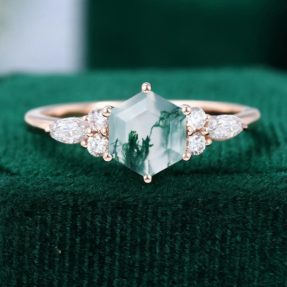 

Hexagon Cut Moss Agate Wedding Ring for Women 925 Sterling Silver Marquise Cut Zircon Cluster Gold Plated Engagement Jewelry