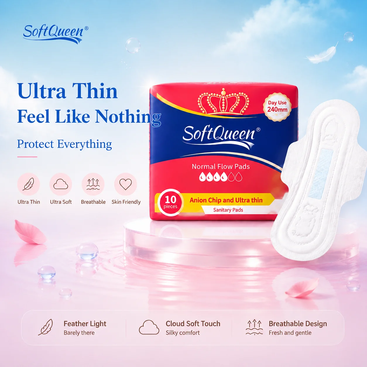 Ultra-Thin 240mm Day Sanitary Pads 10Pcs Anion Breathable Normal Flow Feminine Care