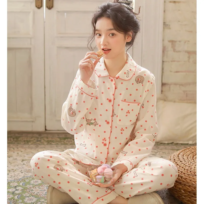 

Sweet Pajamas for Women 100% Pure Cotton Gauze Loungewear Set with Doll Collar Long-Sleeved Top and Trousers 2PCS Sets